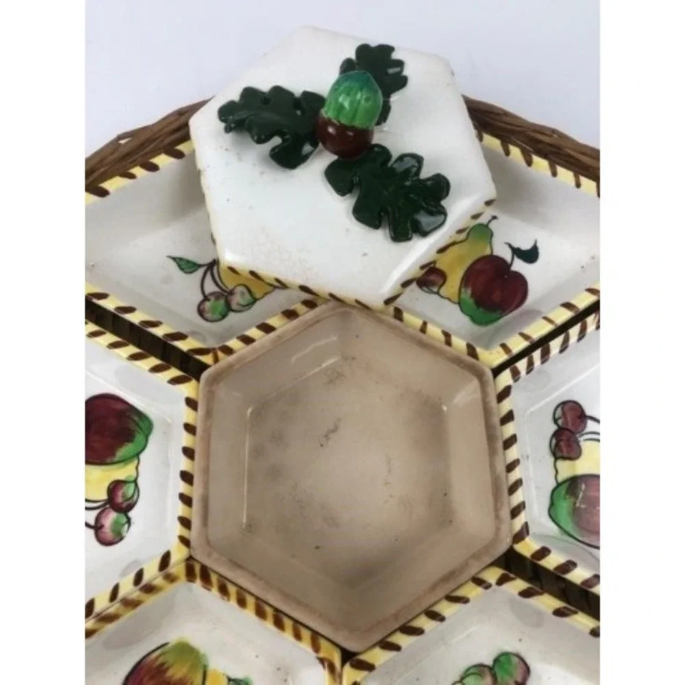Vintage Japan Ceramic Sectional Relish Dish Woven Basket Fruit Acorn Lid 7 Pc